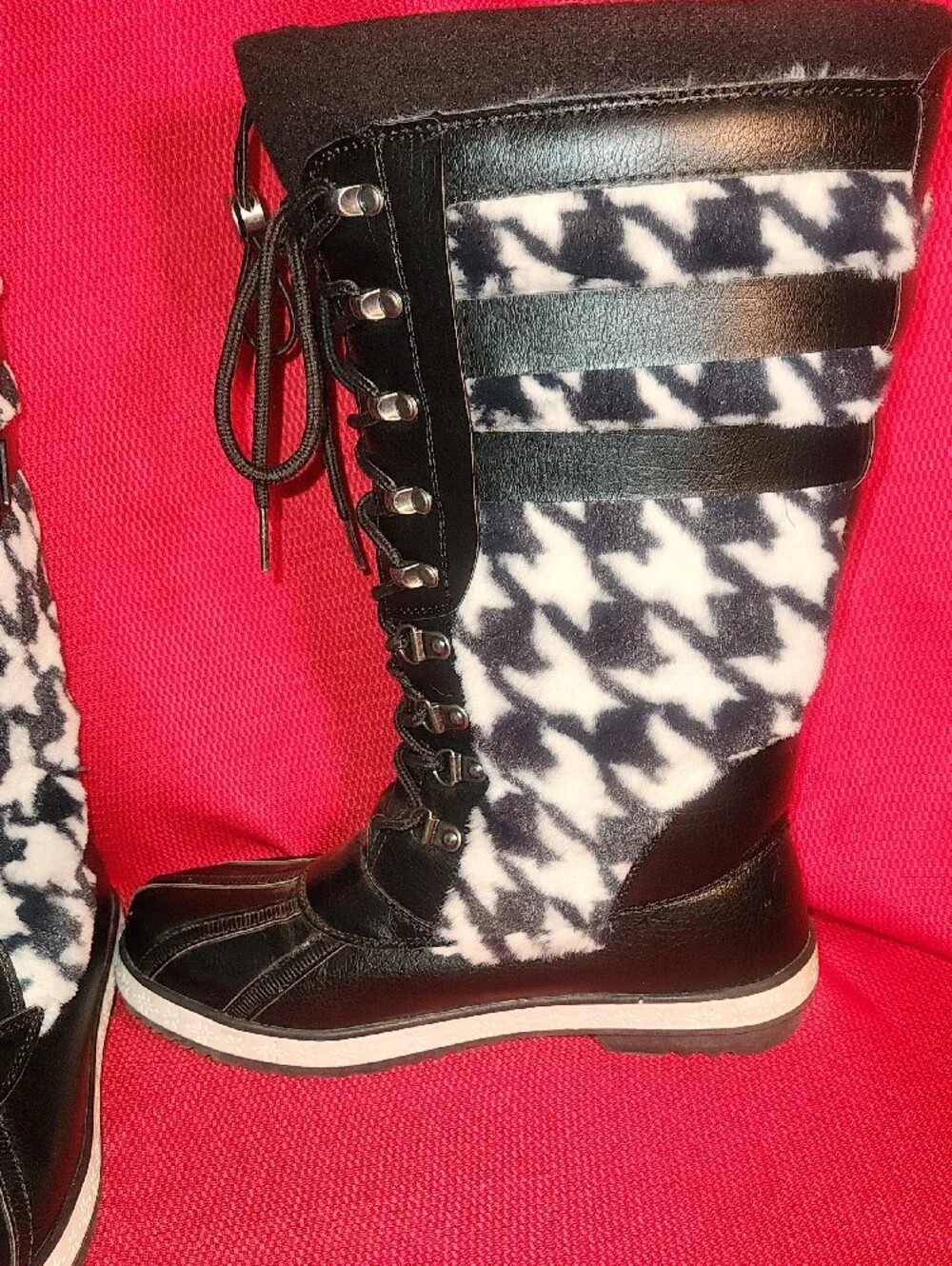 JustFab Black and White Houndstooth Lace-Up Tall Winter Boots
